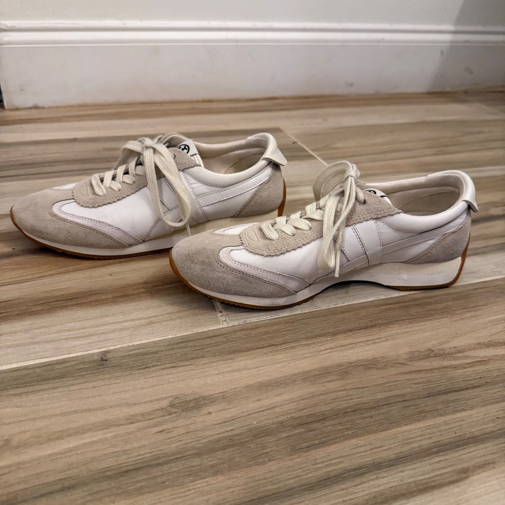 Tory Burch Hank Leather Suede Sneakers Snow White Beige Women's Size 7M No Box